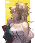  1girl animal_ears arknights artist_name black_nails blonde_hair breasts brown_eyes candy choker cleavage collarbone food fur-trimmed_jacket fur_trim highres jacket large_breasts lion_ears lollipop long_hair long_sleeves open_mouth pixiebob ponytail siege_(arknights) sleeveless solo tongue tongue_out twitter_username upper_body 
