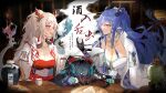  3girls :d arknights black_hair blue_eyes blue_hair blush breasts collarbone commentary_request dragon_girl dragon_horns dragon_tail dress dusk_(arknights) grey_hair holding horns indoors jacket kyushi_(user_41158199) ling_(arknights) long_hair long_sleeves medium_breasts multicolored_hair multiple_girls nian_(arknights) open_clothes open_jacket pointy_ears red_eyes red_hair smile streaked_hair table tail translation_request very_long_hair white_dress white_jacket wide_sleeves 