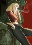  1girl air_conditioner arm_rest belt black_pants blonde_hair blue_eyes blurry breasts cigarette depth_of_field green_headwear green_jacket hand_up hat holding holding_cigarette ichimi_renge jacket jewelry long_sleeves medium_hair midriff original pants pendant profile red_background red_shirt shirt sidelocks small_breasts smoking solo twitter_username 