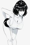  1girl absurdres bare_shoulders blunt_ends breasts cleavage collarbone come_hither covered_nipples eyelashes fubuki_(one-punch_man) hand_on_own_ass highres large_breasts leaning_forward looking_at_viewer monochrome mostlybluewyatt one-punch_man open_mouth shirt short_hair short_shorts shorts simple_background sleeveless sleeveless_shirt solo standing white_background 