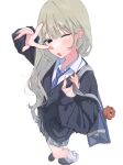  1girl black_cardigan black_footwear blonde_hair blush cardigan collared_shirt full_body hamafugu highres long_hair long_sleeves looking_at_viewer loose_socks one_eye_closed open_mouth original shirt shoes simple_background socks solo v white_background white_shirt white_socks 