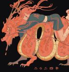  1girl 2024 animal_hug ankle_socks black_background blue_shirt blue_shorts blunt_bangs blush_stickers breasts brown_eyes chinese_zodiac cleavage dated dragon eastern_dragon empty_eyes floating_hair full_body highres hoogoo_design long_sleeves looking_at_viewer lying lying_on_animal midriff new_year on_stomach original red_hair red_scales ringed_eyes scales shirt shorts simple_background socks solo translation_request twintails year_of_the_dragon 