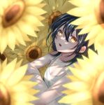  1girl black_hair breasts cleavage flower highres knees_up long_hair looking_to_the_side looking_up open_mouth original sitting solo sunflower suzuko_(suzukosz) tank_top yellow_eyes 