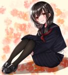  1girl black_hair blush brown_eyes full_body hair_tie highres hugging_own_legs knees_up loafers long_hair long_sleeves low_twintails neckerchief original pantyhose pleated_skirt school_uniform serafuku shoes sitting skirt smile solo suzuko_(suzukosz) twintails 