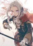  1girl aiguillette cape commentary determined edelgard_von_hresvelg english_commentary feathers fire_emblem fire_emblem:_three_houses garreg_mach_monastery_uniform gloves hair_ribbon holding holding_weapon jef_(fe89392148) lavender_eyes long_hair looking_at_viewer military military_uniform parted_lips ribbon solo uniform v-shaped_eyebrows weapon white_hair 