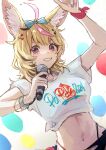  1girl 2024 :d absurdres animal_ear_fluff animal_ears arm_up balloon blonde_hair breasts commentary crop_top cropped_shirt dutch_angle fox_ears fox_girl grin hair_ornament hairclip hand_up heart heart-shaped_pupils highres holding holding_microphone hololive looking_at_viewer medium_breasts medium_hair messy_hair microphone midriff multicolored_hair multicolored_nails multiple_bracelets nail_polish navel omaru_polka playing_card_theme purple_eyes red_pupils shirt short_sleeves smile solo streaked_hair symbol-shaped_pupils t-shirt tied_shirt upper_body virtual_youtuber white_background white_shirt wristband yami_ara 