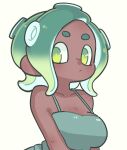  1girl breasts closed_mouth commentary dark-skinned_female dark_skin gradient_hair green_eyes green_hair hekoningyou_(waraningyou) medium_hair multicolored_hair octoling octoling_girl simple_background solo splatoon_(series) tentacle_hair thick_eyebrows upper_body white_background 