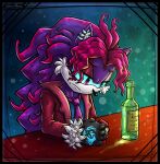 beer_bottle black_nose blue_sclera bottle clothing coat container ear_piercing fan_character fingerless_gloves furniture gloves green_eyes hair handwear long_hair male necktie piercing pink_eyes pink_hair purple_body sega simple_background skeletalheart solo sonic_the_hedgehog_(series) table topwear unknown_species white_muzzle