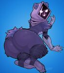 anthro armor bear big_butt blue_background butt clothing epic_games eye_scar facial_scar feet female fortnite gauntlets gloves handwear hi_res hood leg_wraps looking_at_viewer mammal purple_eyes raven_team_leader scar sharkysocks simple_background solo thick_thighs wraps