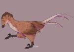 ambiguous_gender avian bird black_feet brown_body corvarts dinosaur enantiornithine feathers feet feral hi_res purple_body purple_feathers reptile scalie sickle_claw solo