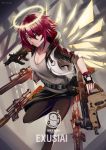  1girl absurdres arknights assault_rifle breasts caiman-pool character_name cleavage dual_wielding energy_wings english_text exusiai_(arknights) gun halo highres holding jacket kriss_vector orange_eyes red_hair rifle scope short_hair sniper_rifle solo submachine_gun weapon weapon_request 