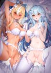  2girls absurdres after_sex after_vaginal ahoge armpits bare_shoulders blonde_hair blue_hair blush bow breasts censored cleavage colored_tips cum cum_in_pussy cum_on_body cum_on_breasts cum_on_hair cum_overflow dark-skinned_female dark_skin elf flower garter_straps gloves hair_between_eyes hair_bow hair_flower hair_ornament heart heart_ahoge highres holding_hands hololive interlocked_fingers large_breasts long_hair looking_at_viewer lying meremere0396 mosaic_censoring multicolored_hair multiple_girls navel on_back open_mouth pointy_ears ponytail red_eyes shiranui_flare spread_legs streaked_hair sweat thighhighs virtual_youtuber white_garter_straps white_gloves white_hair white_thighhighs yellow_eyes yukihana_lamy 
