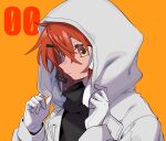  1girl a.i._voice adachi_rei black_shirt closed_mouth gloves hair_between_eyes hair_ornament hair_ribbon hairclip hands_up headset highres hood hood_grab hood_up hooded_jacket jacket long_sleeves looking_ahead medium_hair open_clothes open_jacket orange_background orange_eyes orange_hair ribbon shirt simple_background solo toyogaippai turtleneck_shirt upper_body utau white_gloves white_jacket 