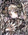  1girl black_bow black_bowtie black_capelet blonde_hair bonnet bow bow_flower bowtie capelet commentary dress feather_fan flower frilled_capelet frilled_dress frilled_sleeves frills green_bonnet green_eyes hair_flower hair_ornament hand_fan highres holding holding_fan lolita_fashion long_hair long_sleeves looking_at_viewer mahou_shoujo_no_majo_saiban portrait rose solo tono_hanna tsukihi_shida tulip twintails white_flower white_rose white_tulip wide_sleeves winged_hat yellow_flower yellow_rose 