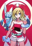  1girl bangle bare_shoulders blonde_hair blue_eyes bracelet clenched_hands closed_mouth glaceon hair_between_eyes hairband highres irida_(pokemon) jewelry kaneni looking_at_viewer neck_ring pokemon pokemon_(creature) pokemon_legends:_arceus red_hairband shorts simple_background strapless waist_cape white_shorts 