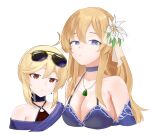  2girls ahoge black_choker blonde_hair blue_eyes braid breasts choker cleavage cropped_torso dress expressionless eyewear_on_head flower french_braid girls&#039;_frontline hair_between_eyes hair_flower hair_ornament highres jewelry long_hair looking_at_viewer mosin-nagant_(girls&#039;_frontline) mosin-nagant_(moonlit_ocean)_(girls&#039;_frontline) multiple_girls nagant_revolver_(cream_in_the_nebula)_(girls&#039;_frontline) nagant_revolver_(girls&#039;_frontline) necklace official_alternate_costume purple_choker purple_dress red_eyes shenqi_xiaohuang short_hair simple_background sunglasses upper_body white_background 