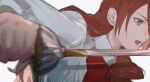  1girl biiko_(king1015g) blurry blurry_foreground bow bowtie collared_shirt fighting_stance from_side hair_over_one_eye highres holding holding_sword holding_weapon kirijou_mitsuru long_hair long_sleeves open_mouth persona persona_3 profile rapier red_bow red_bowtie red_eyes red_hair shirt simple_background sword upper_body weapon white_shirt 