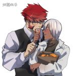  2boys blush dark_skin dark_skinned_male doughnut eating fangs food glasses jacket katou_teppei kekkai_sensen klaus_von_reinhertz male_focus multiple_boys necktie red_hair waistcoat white_hair white_jacket zap_renfro 