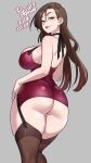  1girl agawa_ryou artist_name ass breasts brown_hair curvy english_commentary grey_background large_breasts lipstick long_hair looking_at_viewer looking_back makeup original signature simple_background skindentation solo thick_thighs thighhighs thighs 