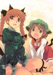  2girls :o animal_ears black_ribbon bow bowtie braid breasts brown_eyes brown_hair cat_ears cat_tail chen collar commentary_request earrings fangs feet_out_of_frame frilled_collar frilled_sleeves frills green_headwear green_shirt hair_bow hair_ribbon hat jewelry kaenbyou_rin leg_ribbon long_hair long_sleeves looking_at_viewer mob_cap multiple_girls multiple_hair_bows open_mouth red_hair red_ribbon red_skirt red_vest ribbon shirt short_hair single_earring skirt sleeve_ribbon small_breasts smile tail thighs touhou twin_braids twintails vest white_bow white_bowtie white_shirt yuu_(kfc) 