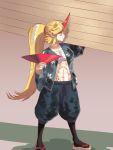  1girl abs alternate_costume alternate_hairstyle baggy_shorts black_legwear blonde_hair blue_shorts carrying carrying_over_shoulder commentary_request cup geta highres hoshiguma_yuugi long_hair looking_to_the_side muscle muscular_female pointy_ears ponytail sakazuki sandals sarashi shadow shorts solo sunyup touhou wide_sleeves 