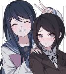  2girls black_hair black_ribbon blue_sailor_collar bow bowtie closed_eyes collared_shirt danganronpa:_trigger_happy_havoc danganronpa_(series) facing_viewer grey_eyes grey_shirt grin hand_on_another&#039;s_shoulder highres ikusaba_mukuro leaf_(identityv_leaf) long_hair long_sleeves maizono_sayaka multiple_girls neck_ribbon pink_bow pink_bowtie ribbon sailor_collar shirt short_hair smile teeth v 