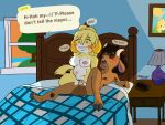 absurd_res animal_crossing anthro bed bodily_fluids bovid breasts brown_body brown_fur canid canine canis caprine cum cum_inside delphixander domestic_dog duo female fur furniture genital_fluids goat hi_res impregnation inverted_nipples isaac_(crazak53) isabelle_(animal_crossing) looking_pleasured male male/female mammal nintendo nipples penetration shih_tzu speech_bubble text toy_dog vaginal vaginal_penetration yellow_body yellow_fur