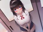  1girl black_hair black_skirt blue_eyes blush breasts collared_shirt covered_nipples door doorway hair_ornament hair_ribbon hairband hairclip heart heart-shaped_pupils highres large_breasts long_hair looking_at_viewer non-web_source open_mouth original own_hands_together pleated_skirt ribbon school_uniform shirt simple_background skirt solo standing symbol-shaped_pupils teeth thighhighs toyosaki_shu uniform upper_teeth_only very_long_hair white_shirt 