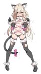  1girl animal_ears breasts cosplay dangerous_beast deatheach elbow_gloves fate/kaleid_liner_prisma_illya fate_(series) fur-trimmed_gloves fur-trimmed_legwear fur_collar fur_trim gloves highres illyasviel_von_einzbern long_hair mash_kyrielight mash_kyrielight_(cosplay) o-ring o-ring_top red_eyes revealing_clothes shiny shiny_hair shiny_skin silver_hair simple_background solo standing tail white_background wolf_ears wolf_tail 