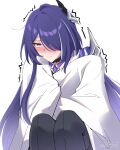  1girl absurdres acheron_(honkai:_star_rail) asiri_senpai blanket blush hair_ornament highres honkai:_star_rail honkai_(series) knees_up long_hair nose_blush purple_eyes purple_hair simple_background sitting solo very_long_hair white_background 