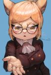 :&lt; absurd_res amber_eyes anthro artist_name blonde_hair blue_background breasts button_(fastener) cheek_tuft claws domestic_cat english_text eyewear facial_tuft felid feline felis female finger_claws formal_wear frilly fur gesture glasses hair hi_res inner_ear_fluff looking_at_viewer mammal open_mouth peppergecko72 ponytail pupils reaching_towards_viewer signature simple_background slit_pupils solo suit_jacket text tuft twitter_handle whiskers white_body white_fur