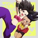  2girls :d arm_around_shoulder arm_up armpits baggy_pants bare_arms bare_shoulders bike_shorts black_eyes black_hair blush bracelet breasts caulifla cleavage clenched_hand clenched_hands closed_mouth collarbone commentary_request dark_blue_hair dark_skin dbcdef dragon_ball dragon_ball_super earrings eyelashes feet_out_of_frame fingernails floating grey_background happy heart heart_background high_ponytail hoop_earrings hug jewelry kale_(dragon_ball) legs_apart legs_together looking_at_viewer looking_to_the_side medium_breasts midriff multiple_girls navel open_mouth pale_skin pants ponytail purple_pants red_lips red_skirt short_hair shorts shorts_under_skirt simple_background skirt smile spiked_hair strapless teeth tubetop twitter_username two-tone_background underboob upper_teeth v-shaped_eyebrows v_arms very_short_hair wristband yellow_background 
