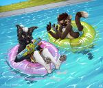 absurd_res anthro chilling clothing duo enjoying hi_res humor katxfish male male/male pawpads paws pool pool_toy relaxing soaked summer swimming swimming_pool swimwear toy toy_gun water water_gun