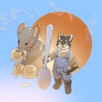  1:1 2020 anthro canid canine clothing duo eating feral food hi_res male mammal micro mouse murid murine overalls rodent shirt simple_background slanwanco topwear 