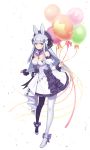  1girl absurdres balloon bangs bare_shoulders between_breasts black_bow black_legwear blue_choker blunt_bangs blush bow breasts choker collarbone commentary detached_sleeves dress eyebrows_visible_through_hair facial_mark girls_frontline green_eyes hair_ornament hat hawah127 highres hk416_(girls_frontline) holding_balloon long_hair long_sleeves looking_at_viewer mismatched_legwear pantyhose puffy_sleeves silver_hair solo very_long_hair white_dress white_legwear 