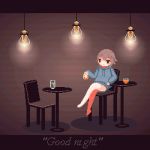  1girl animated animated_gif bangs brown_hair chair cup drawstring english_text hood hoodie ice ice_cube looping_animation lowres original pixel_art short_hair sidelocks sipping sitting solo sotie swinging_legs table 