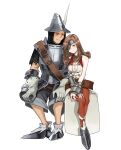  1boy 1girl adelbert_steiner age_difference arm_armor armor beatrix_(ff9) black_eyes blush brown_hair center_opening coat collared_vest couple crossed_wrists cuirass curly_hair eyepatch faulds final_fantasy final_fantasy_ix fingerless_gloves full_body gloves hands_on_lap happy hat_feather hetero highres invisible_chair leaning_on_person leather_belt looking_down morion nodoka0707 pantyhose red_pantyhose sabaton short_sleeves shorts shoulder_belt simple_background sitting sleeveless_duster smile vambraces vest white_background white_coat white_gloves yellow_eyes 
