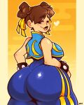  1girl ass brown_hair chun-li heart highres huge_ass legendofnerd lips one_eye_closed smile solo standing street_fighter 