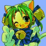  1girl :d animal_ears animal_hands animal_hat apron bell blue_background blue_bow blue_bowtie blue_dress blue_ribbon blush bow bowtie cat_ears cat_hat cat_tail dejiko di_gi_charat dress drop_shadow eye_on_hat frilled_apron frills gloves green_eyes green_hair hair_bell hair_ornament hair_ribbon hat maid menma_(enaic31) one_eye_closed open_mouth parted_bangs paw_gloves pixel_art pointing ribbon short_hair smile solo tail upper_body white_apron white_headwear white_tail 