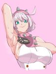  1girl aqua_eyes armpits bracelet breasts closed_mouth commentary cropped_torso elphelt_valentine grey_hair guilty_gear guilty_gear_strive hairband highres jewelry large_breasts octavius_(octavius_dp) pink_background pink_hairband presenting_armpit simple_background smile solo spiked_bracelet spikes spread_armpit steaming_body sweat sweaty_armpits upper_body 