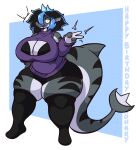 absurd_res anthro areola areola_slip big_breasts big_tail black_hair blue_hair breasts char_(nonarycubed) cleavage cleavage_cutout clothed clothing curvy_female curvy_figure cutout ear_fins ear_piercing female fin fin_piercing fish furgonomics furry-specific_piercing gesture grey_body hair hand_gesture hi_res legwear marine multicolored_hair one_eye_obstructed piercing purple_clothing shark simple_background smile smiling_at_viewer solo striped_body stripes sweater tail thepinkjay5 thick_tail thick_thighs topwear underwear v_sign wide_hips