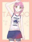  1girl bare_shoulders black_pants eyelashes hair_ornament hairclip highres jersey lacey_(pokemon) long_hair looking_at_viewer open_mouth pants pink_hair pokemon pokemon_sv shinogo_no shirt solo sportswear tank_top twintails white_shirt yellow_eyes 