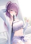  1girl blush breasts commission highres kurage_cc long_hair looking_at_viewer navel on_bed original purple_eyes purple_hair shirt skeb_commission sleepwear solo white_shirt 