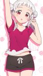  1girl :o arashi_chisato arm_up black_shorts blunt_bangs blush collarbone commentary_request double_bun hair_bun highres jenny_(artist) looking_at_viewer love_live! love_live!_superstar!! midriff_peek navel pink_shirt red_eyes shirt short_sleeves shorts solo standing upper_body white_hair 