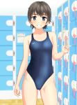  1girl absurdres black_hair black_swimsuit blue_eyes blurry breasts competition_swimsuit contrapposto cowboy_shot depth_of_field grin highres locker locker_room looking_at_viewer one-piece_swimsuit original short_hair small_breasts smile solo speedo_(company) standing swimsuit takafumi v 