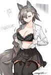  1girl animal_ears arknights belt breasts brown_hair brown_skirt cat cleavage commentary_request highres jamg336 lingerie navel open_clothes penance_(arknights) shirt simple_background sitting skirt solo tail translation_request underwear white_background white_shirt yellow_eyes 