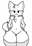 anthro boy_kisser_(meme) clothing domestic_cat felid feline felis fur hands_on_hips legwear looking_at_viewer male mammal meme monochrome narrowed_eyes silly_cat_(mauzymice) smug solo squint thick_thighs thigh_highs unknown_artist white_body white_fur wide_hips
