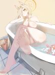  1girl absurdres animal_ears bathtub blonde_hair blue_archive bow breasts commentary completely_nude crossed_legs feet flower_on_liquid fox_ears hair_bow hair_over_one_eye halo highres kaho_(blue_archive) laneigu large_breasts long_hair looking_at_viewer nude one_eye_covered refraction sitting soles solo steam tile_floor tiles toes very_long_hair 