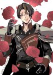 1boy armor brown_hair falling_petals fire_emblem fire_emblem:_three_houses flower highres male_focus metodey_(fire_emblem) petals red_flower red_rose rose shoulder_armor solo tongue tongue_out umi_(_oneinchswing) upper_body yellow_eyes 