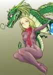  1girl blonde_hair bodysuit breasts chinese_zodiac covered_navel dragon eastern_dragon full_body gradient_background highres looking_to_the_side original purple_bodysuit red_scarf scarf short_hair year_of_the_dragon yunarisa_haruka 